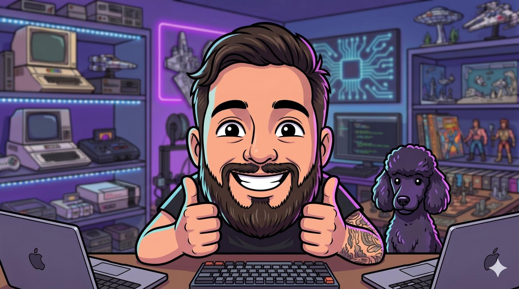 Victor, smiling and giving two thumbs up at his desk in a neon-lit nerd cave full of retro computers, with his purple poodle beside him