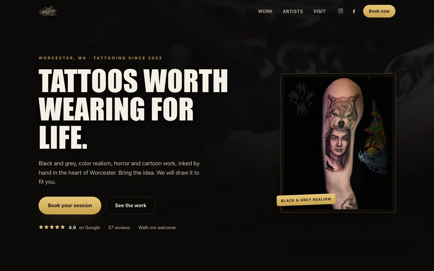The redesigned 4MileZ Tattoo Studio homepage, leading with a realism tattoo and a clear booking button