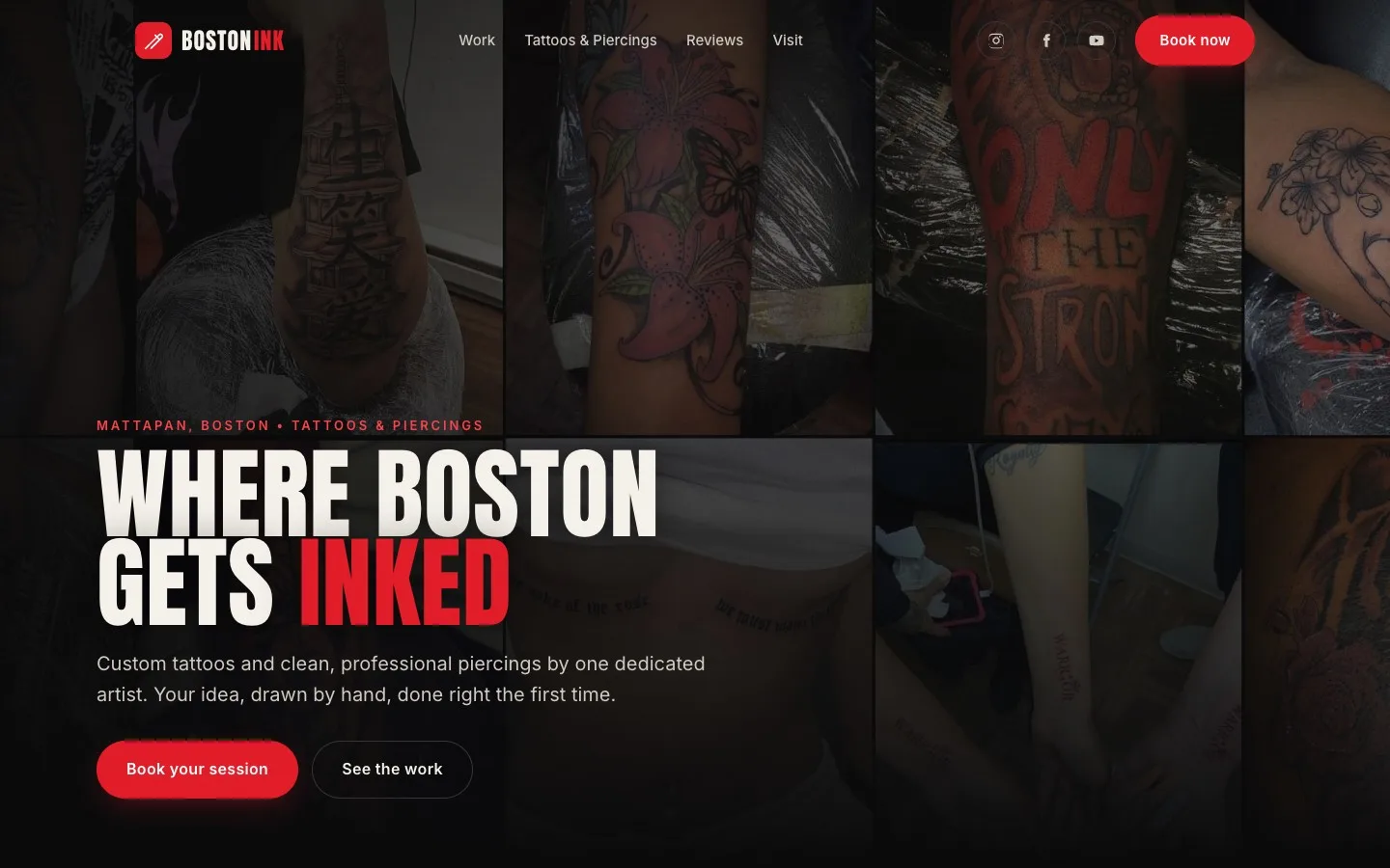 The redesigned Boston Ink homepage, leading with a collage of real tattoo work and a clear booking button