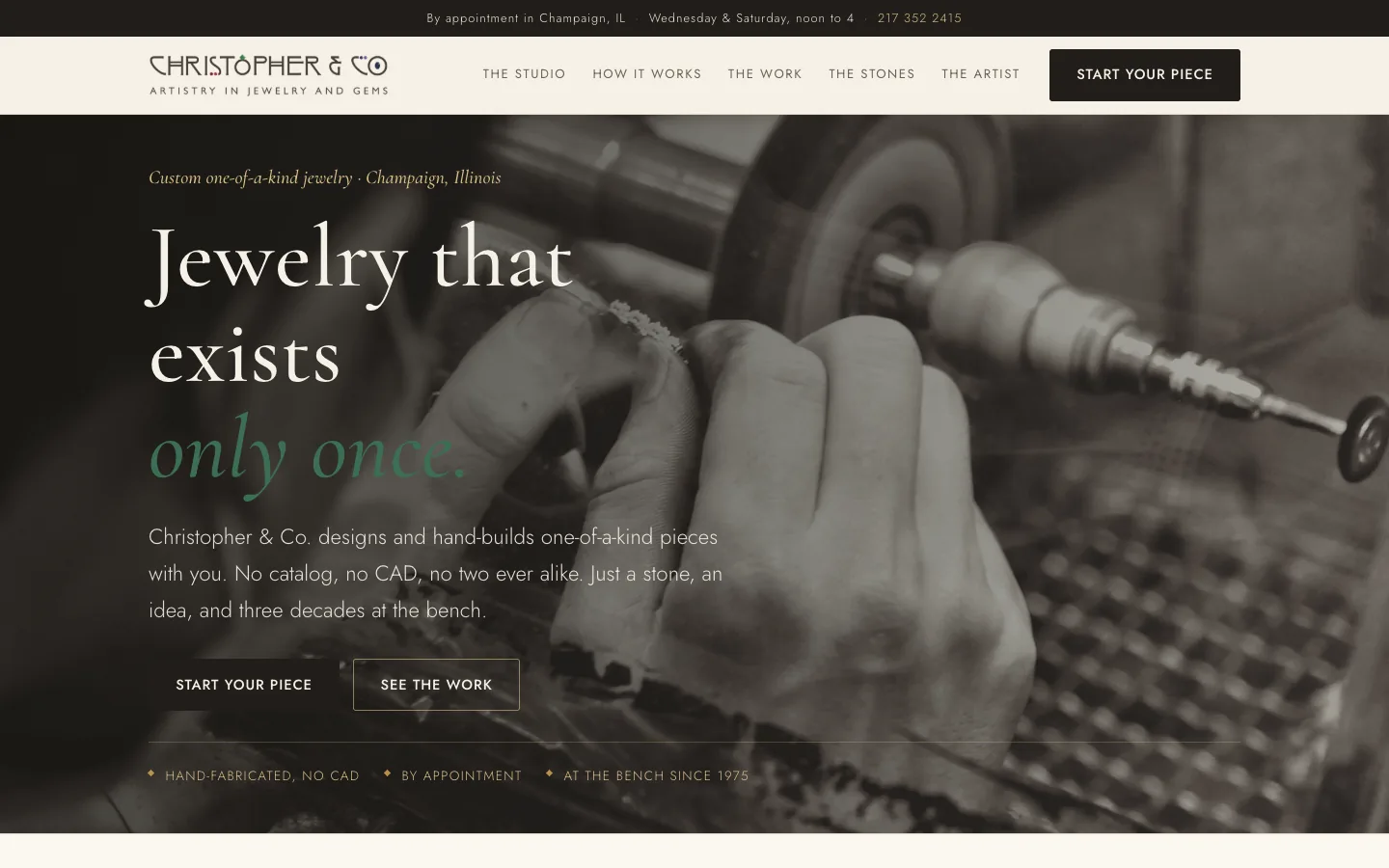 The redesigned Christopher & Co. homepage, leading with the jeweler at the bench and a start your piece button