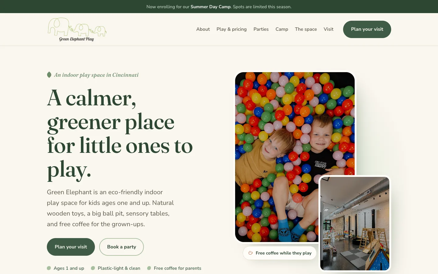 The redesigned Green Elephant Play homepage