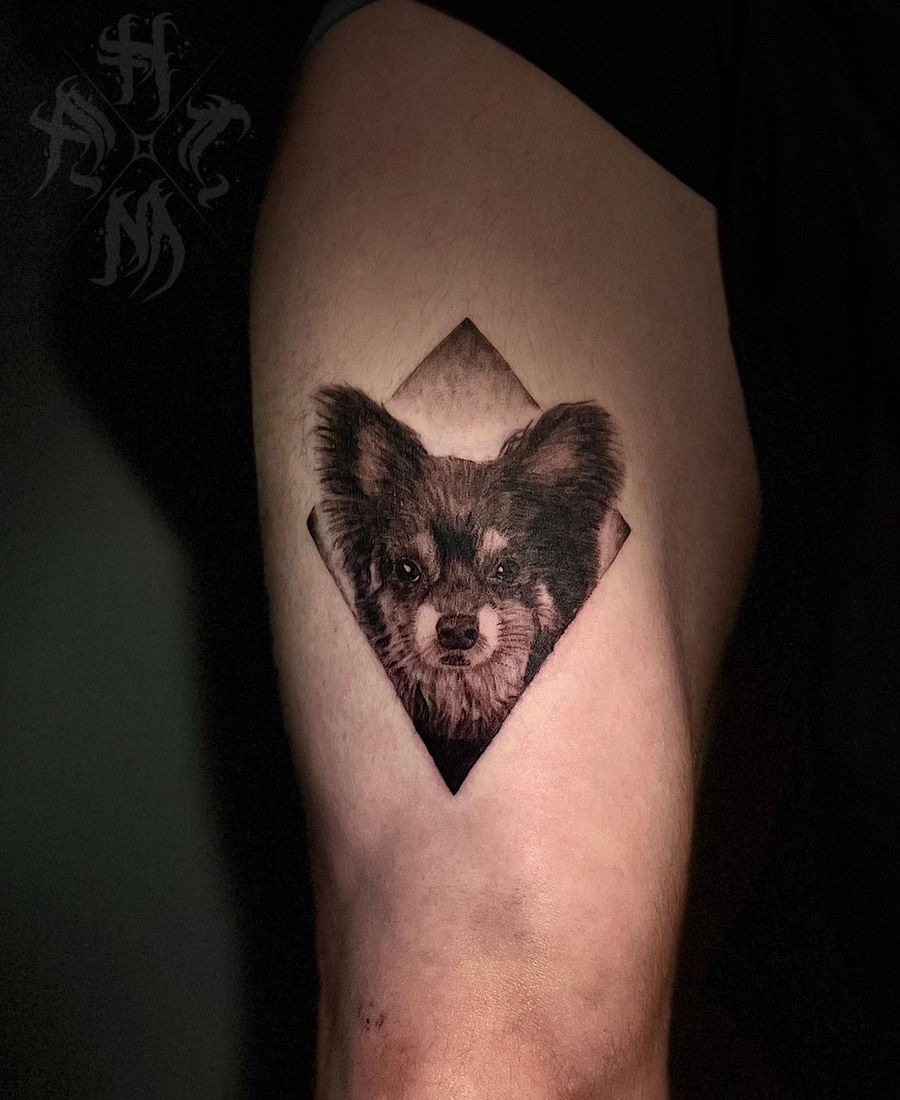 Micro realism dog portrait in a diamond frame