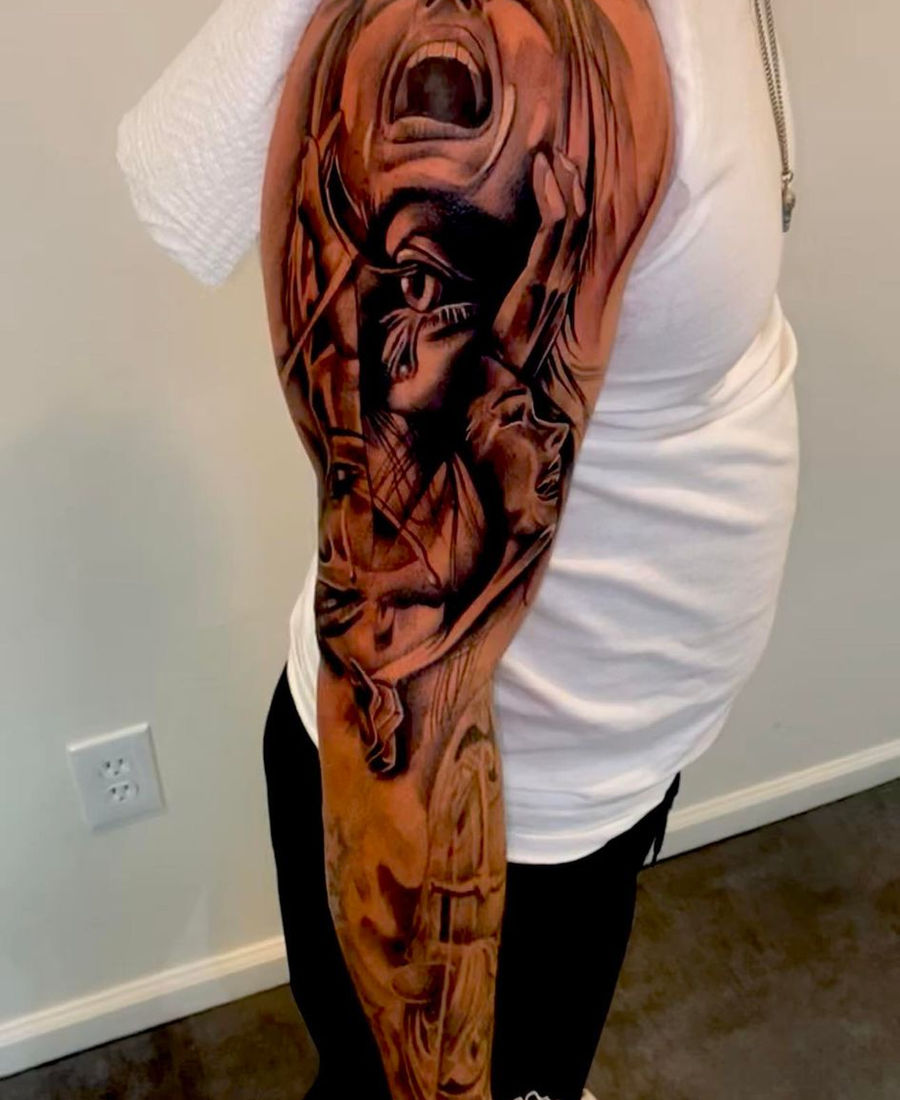 Black and grey realism scream portrait full sleeve