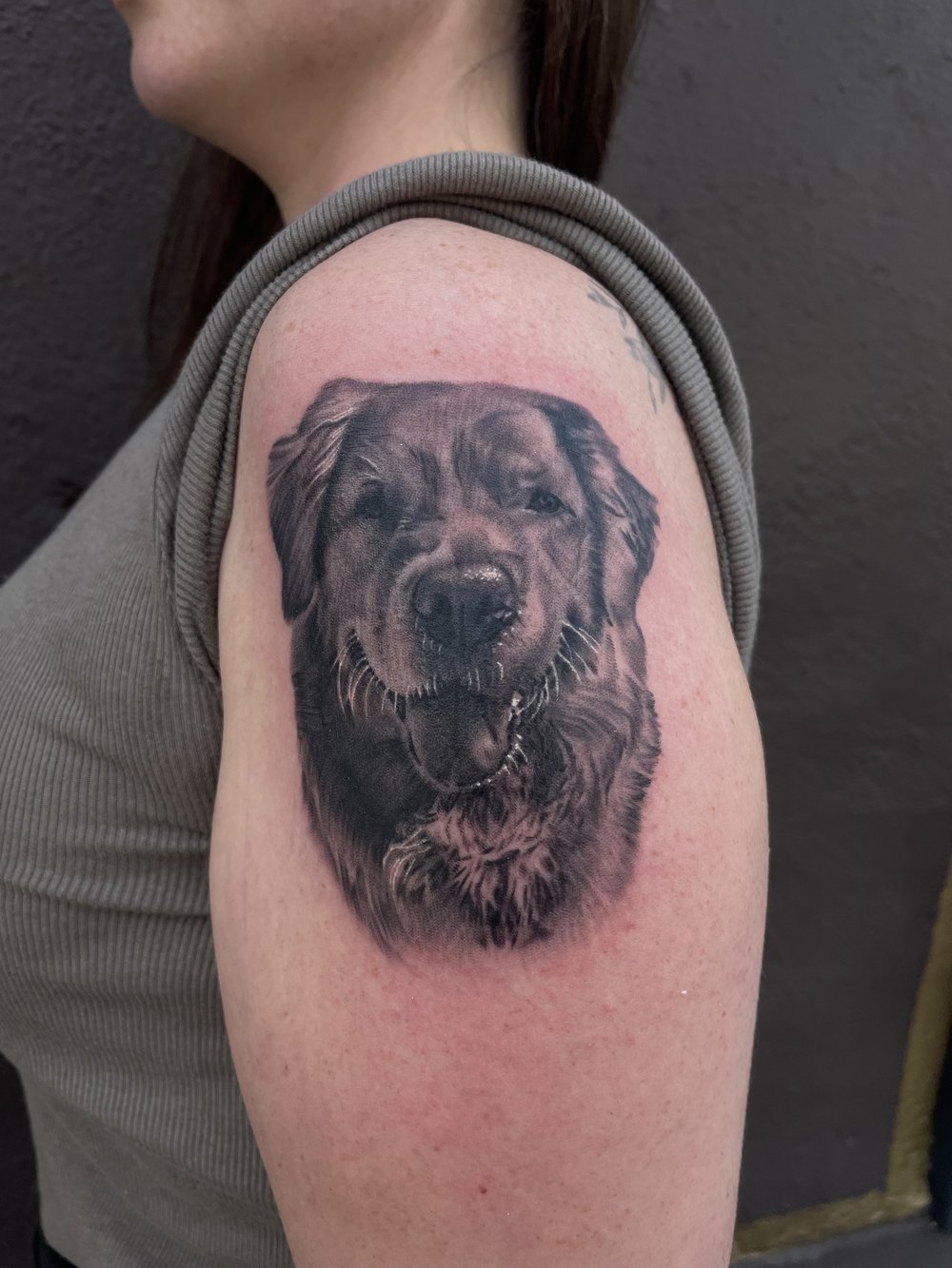 Black and grey realism dog pet portrait tattoo by Bill Byers, Worcester MA