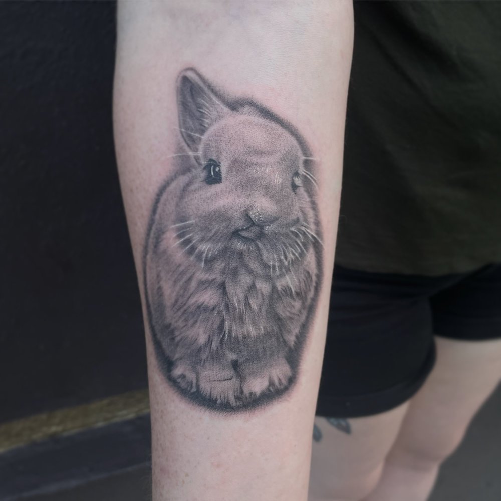 Black and grey realism rabbit pet portrait tattoo by Bill Byers, Worcester MA