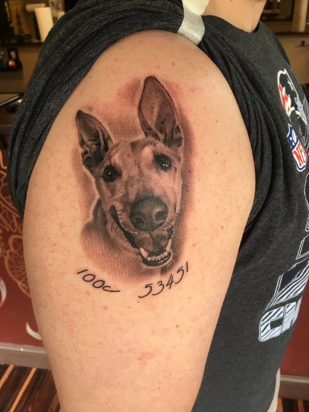 Color realism dog pet portrait tattoo by Bill Byers, Worcester MA