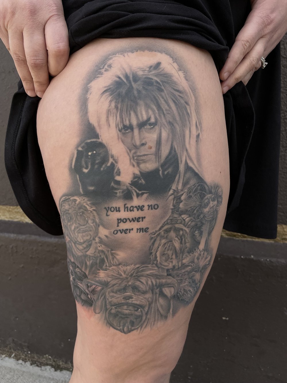 Large black and grey portrait thigh piece by Bill Byers, Worcester MA
