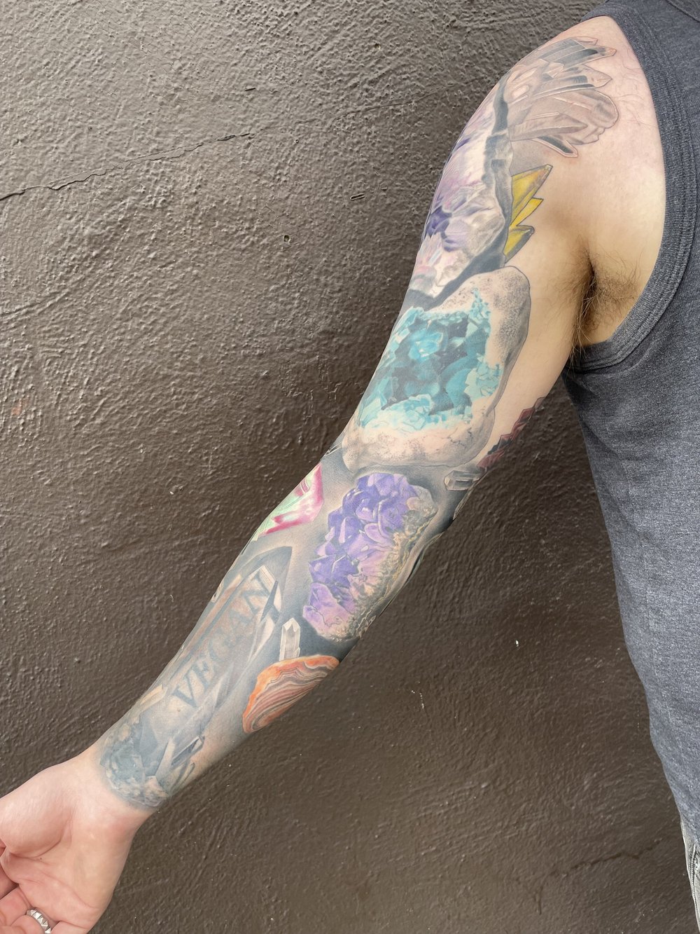 Color crystal geode full sleeve tattoo by Bill Byers, Worcester MA