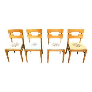 Set of four maple dining chairs with floral needlepoint seats