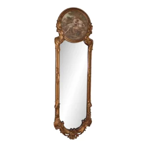 Ornate gilt full-length mirror with a painted cartouche crest