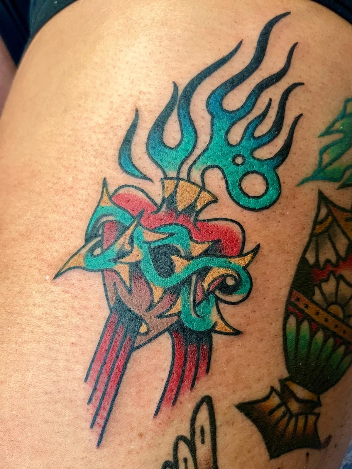 Color neo-traditional flaming bird tattoo by Horseshoes and Hand Grenades Tattoo, Chicopee MA