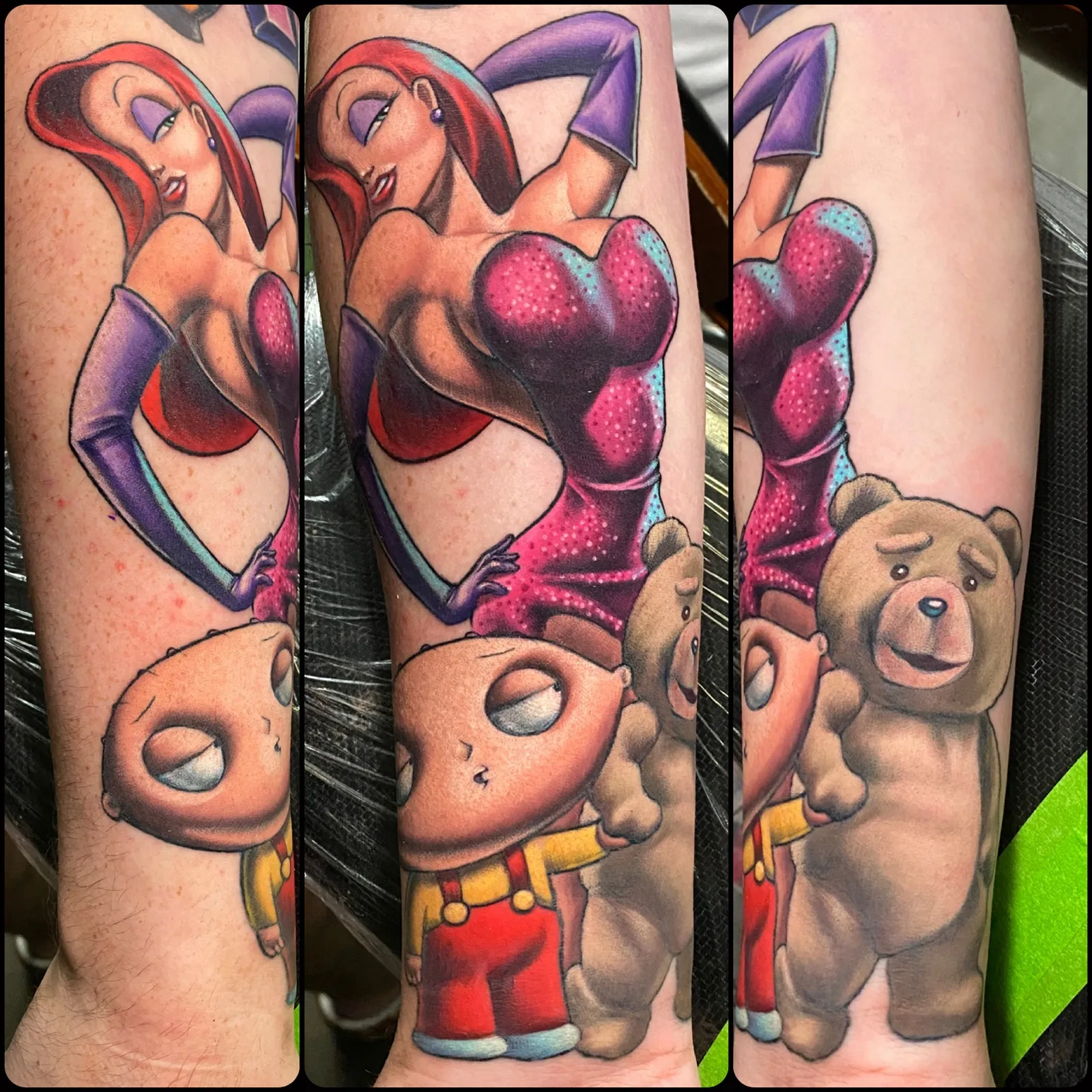 Color realism cartoon sleeve tattoo by Horseshoes and Hand Grenades Tattoo