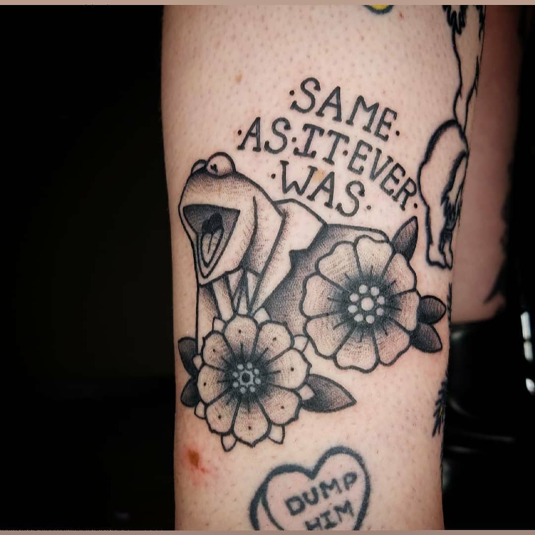 Traditional frog and flowers reading 'same as it ever was'
